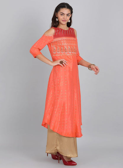 W for Woman Orange Embellished Cut-Out Sleeves kurta