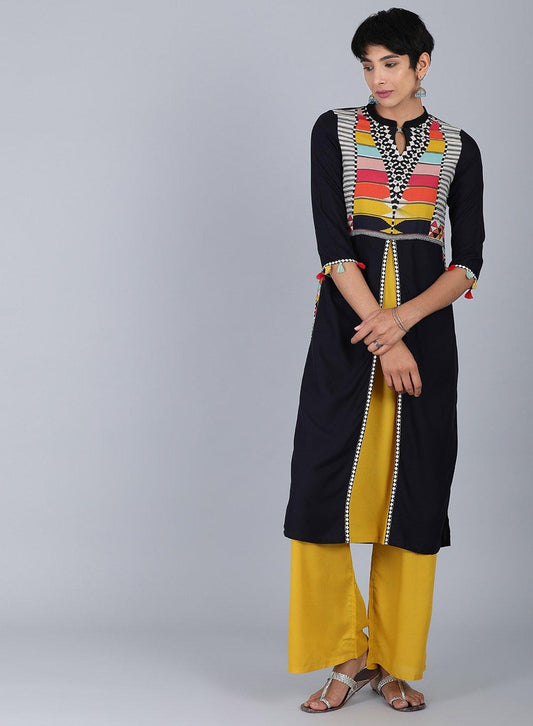 W for Woman Black Mandarin Neck Solid kurta