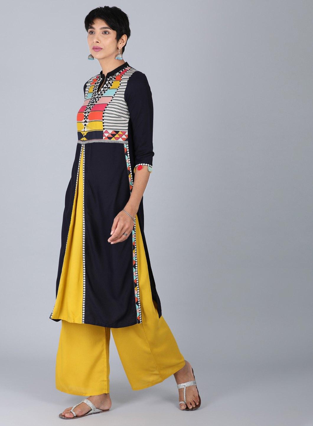 W for Woman Black Mandarin Neck Solid kurta