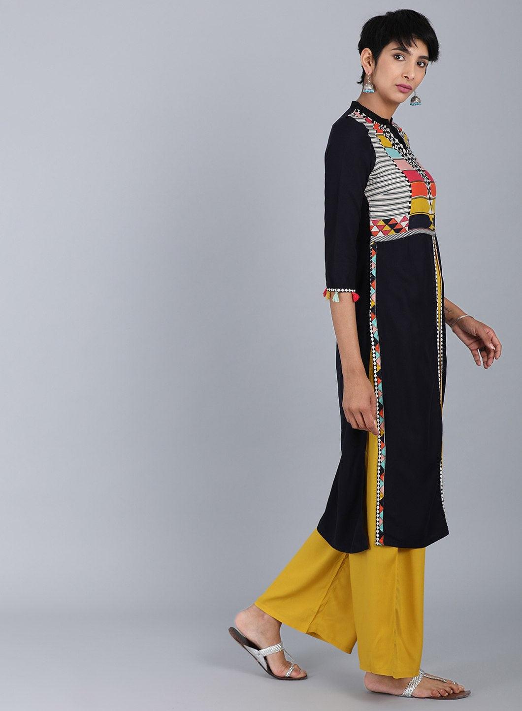 W for Woman Black Mandarin Neck Solid kurta