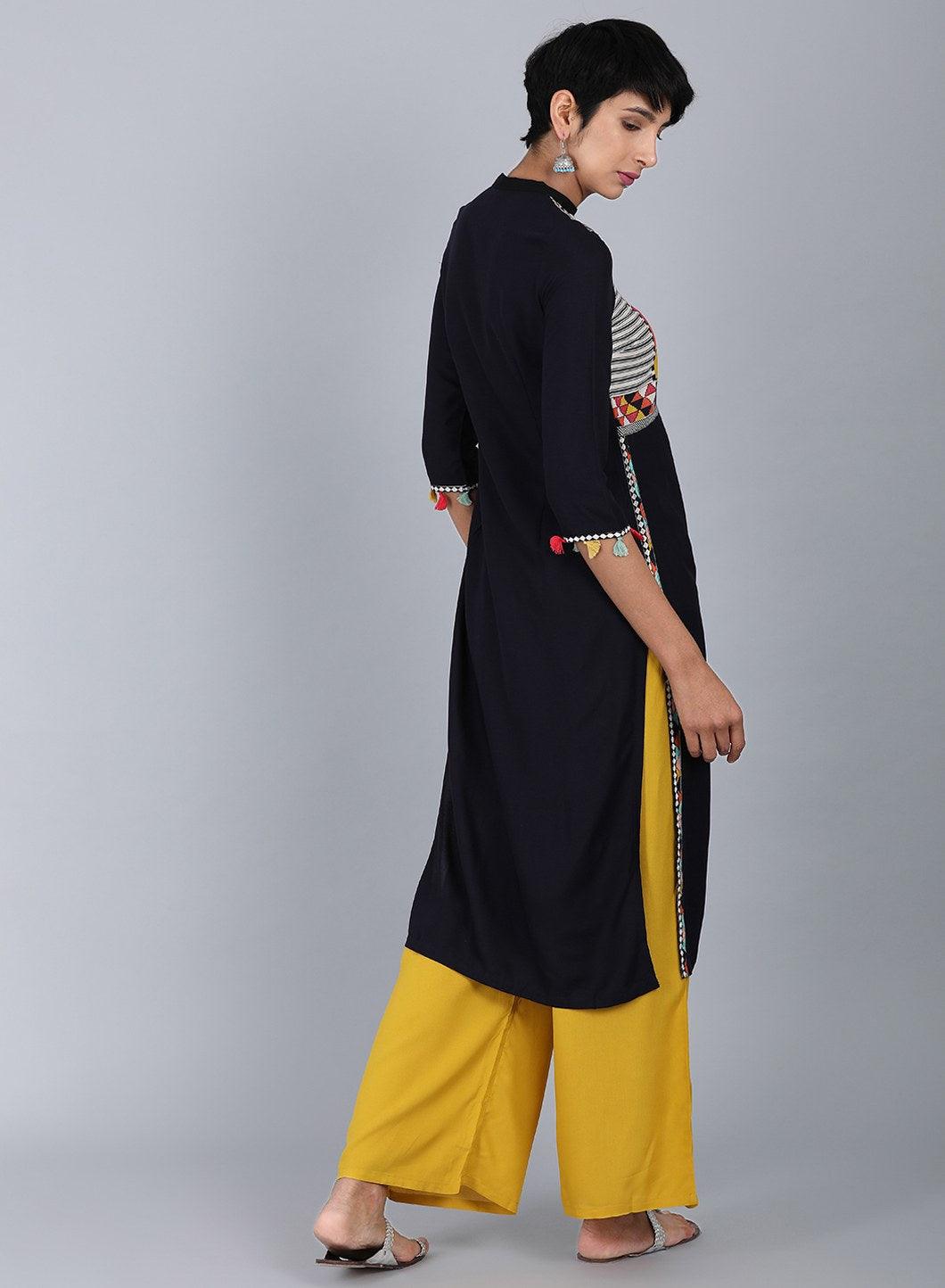 W for Woman Black Mandarin Neck Solid kurta