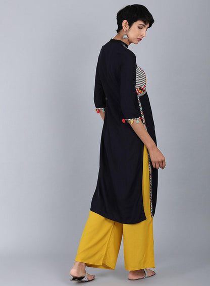 W for Woman Black Mandarin Neck Solid kurta