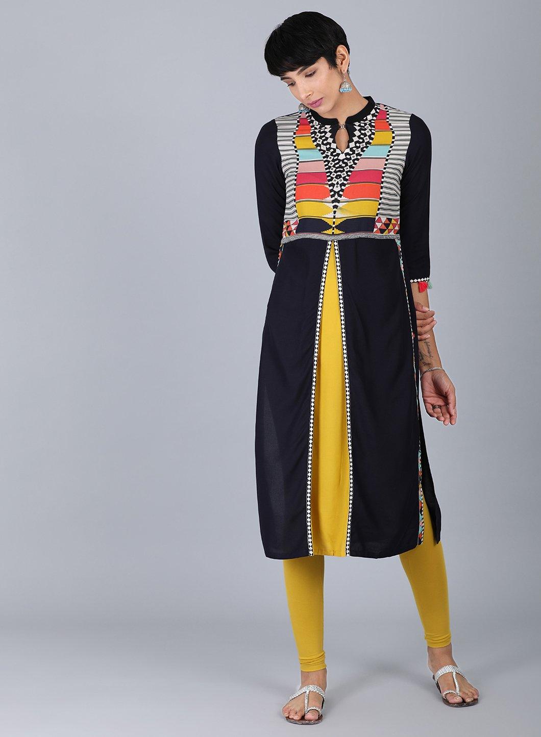 W for Woman Black Mandarin Neck Solid kurta
