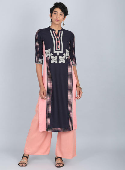W for Woman Blue & Peach Mandarin Neck kurta