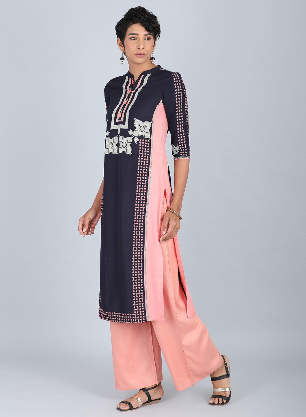 W for Woman Blue & Peach Mandarin Neck kurta
