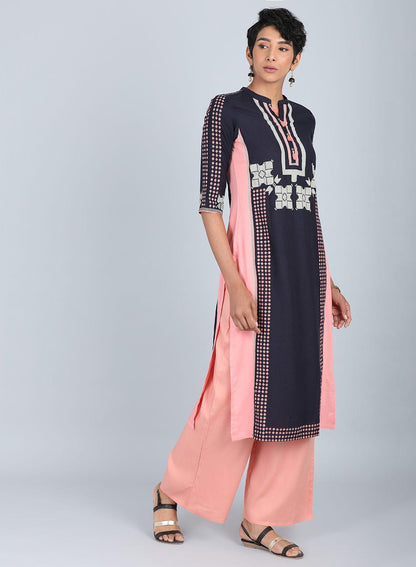 W for Woman Blue & Peach Mandarin Neck kurta