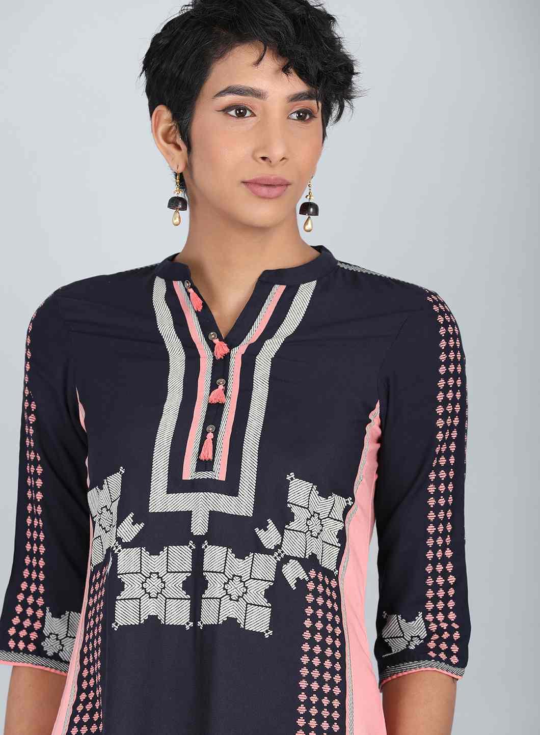 W for Woman Blue & Peach Mandarin Neck kurta