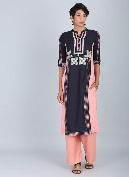 W for Woman Blue & Peach Mandarin Neck kurta