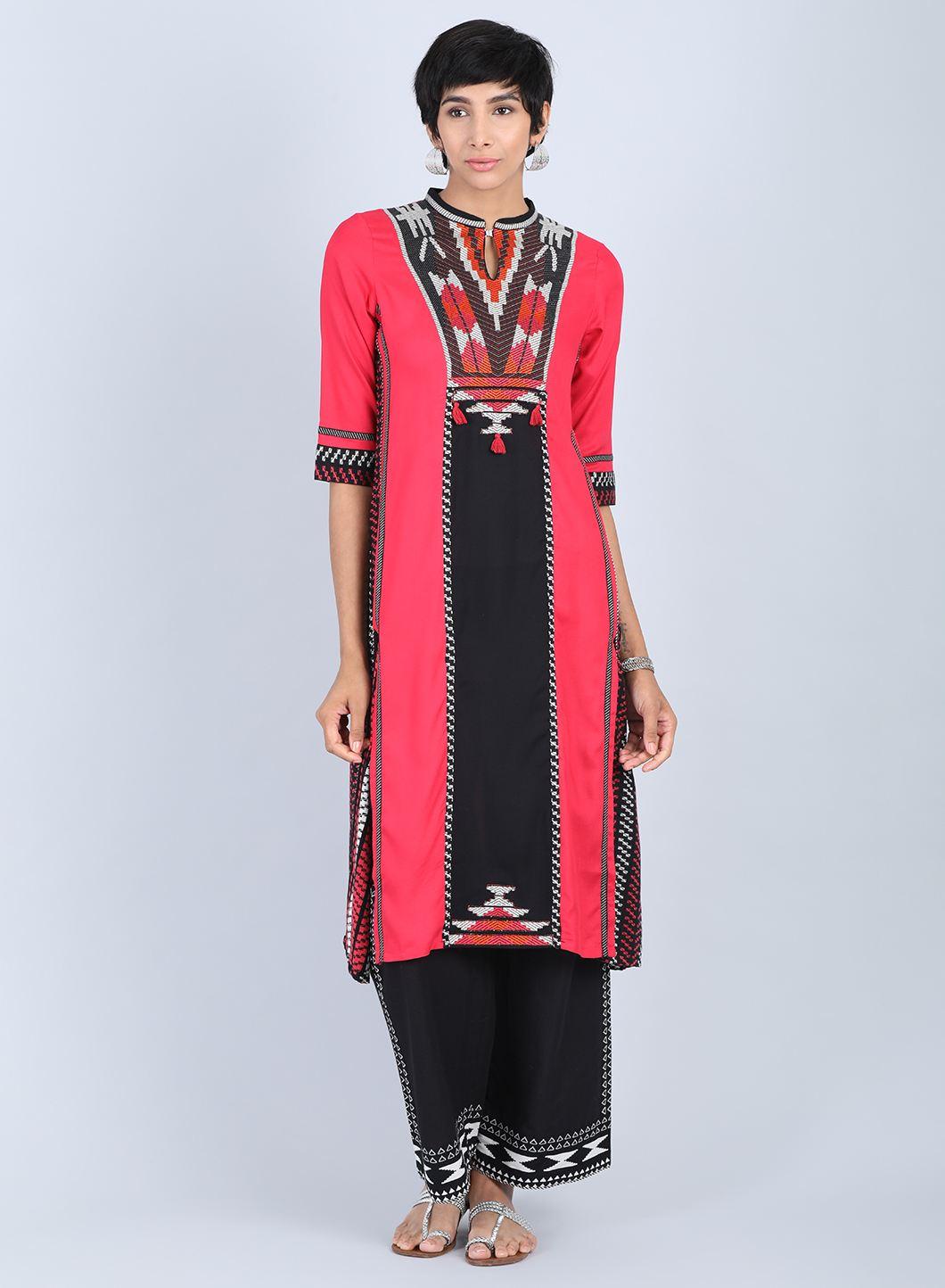 W for Woman Red Mandarin Neck A-Line kurta