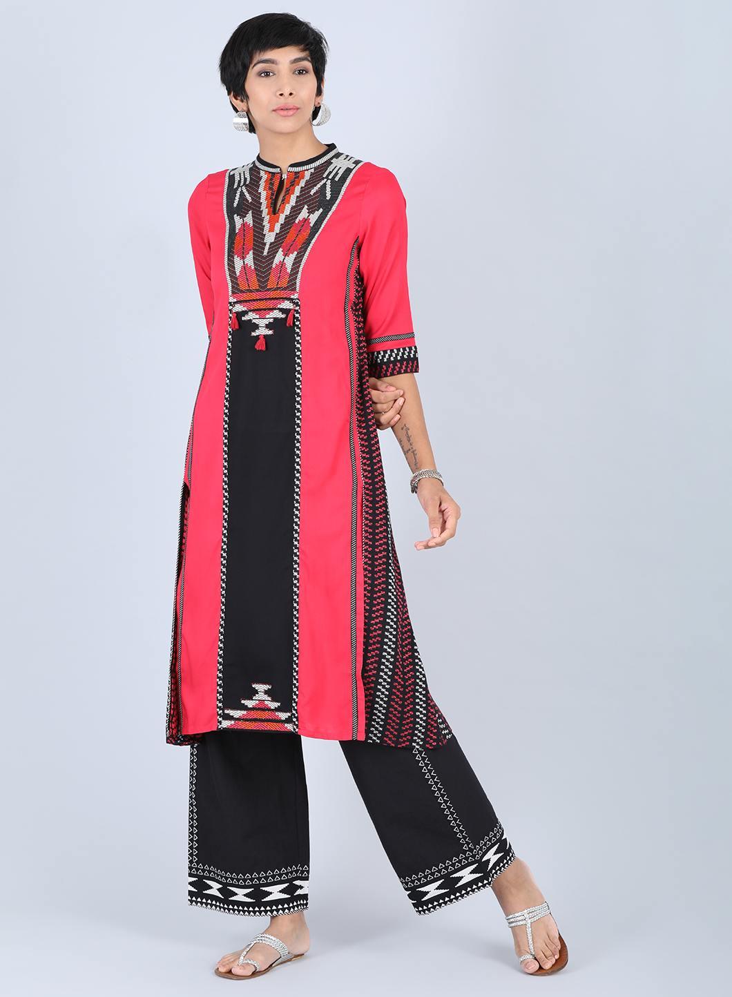 W for Woman Red Mandarin Neck A-Line kurta