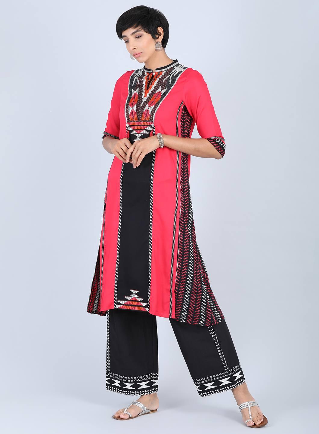 W for Woman Red Mandarin Neck A-Line kurta