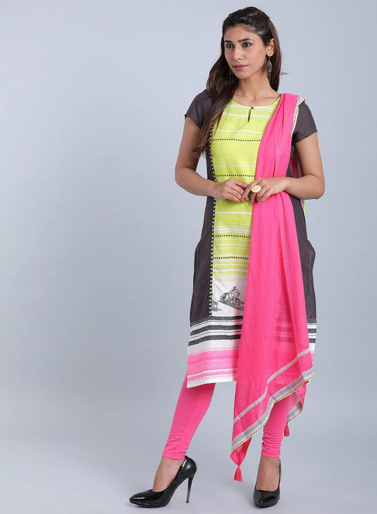 W for Woman Black & Green Printed Stylized Round Neck kurta