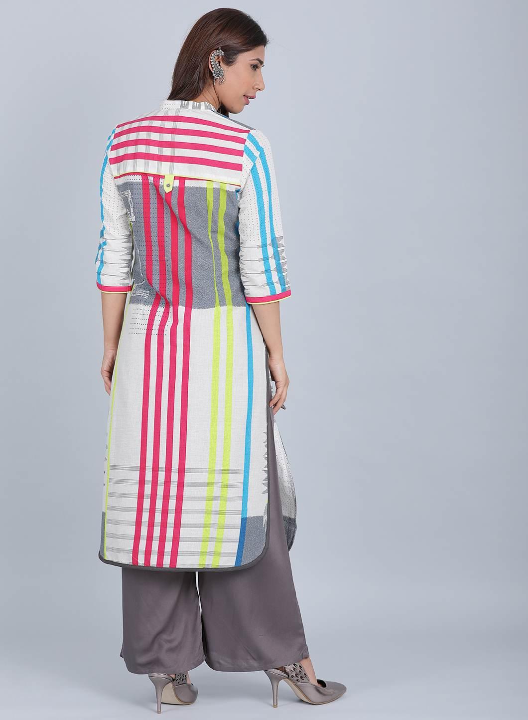 W for Woman White & Blue Striped Mandarin Neck kurta