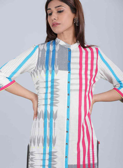 W for Woman White & Blue Striped Mandarin Neck kurta