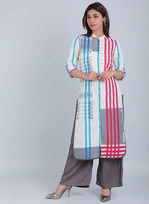 W for Woman White & Blue Striped Mandarin Neck kurta