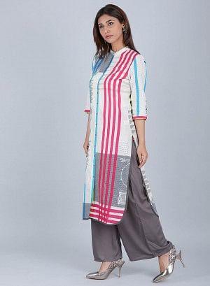 W for Woman White & Blue Striped Mandarin Neck kurta