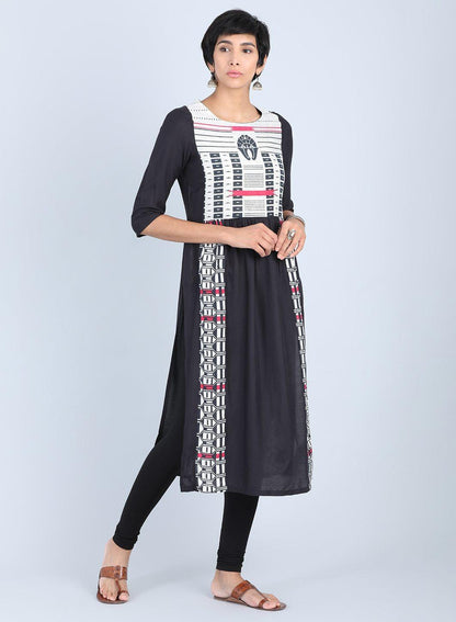 W for Woman Black Round Neck Gathered kurta