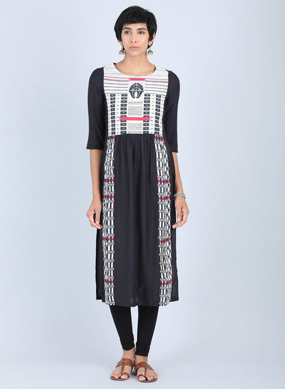 W for Woman Black Round Neck Gathered kurta