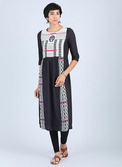 W for Woman Black Round Neck Gathered kurta