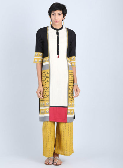 W for Woman Off White & Yellow Mandarin Neck Straight kurta