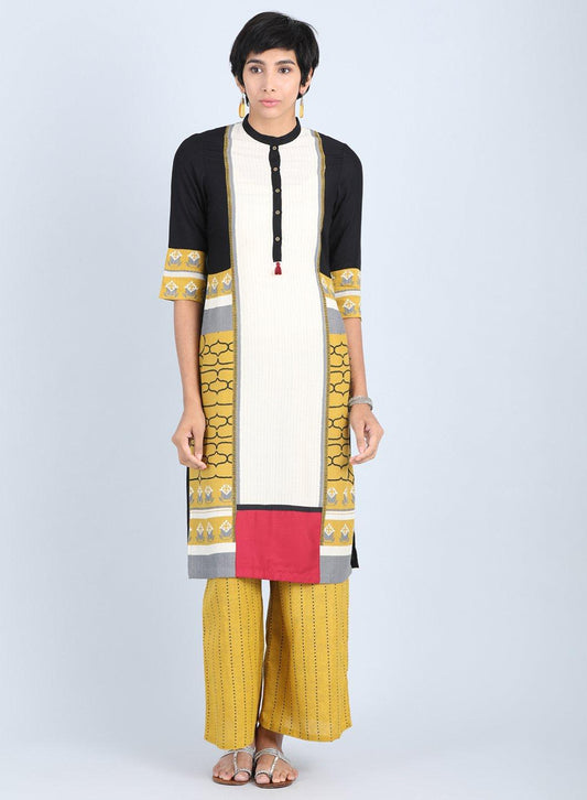 W for Woman Off White & Yellow Mandarin Neck Straight kurta