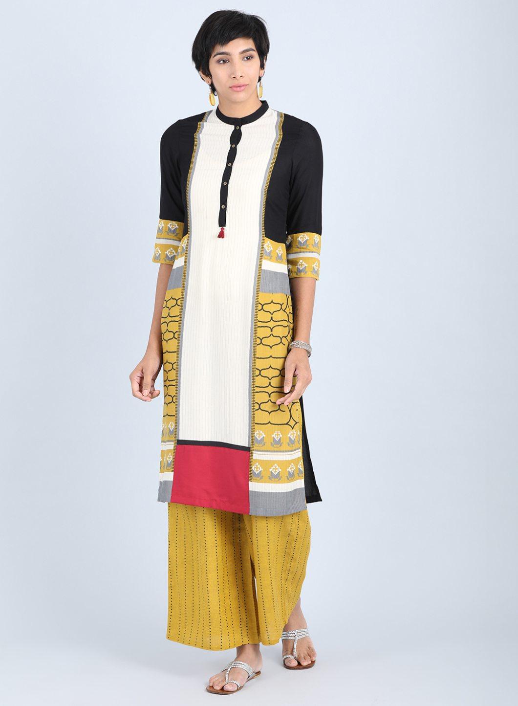 W for Woman Off White & Yellow Mandarin Neck Straight kurta