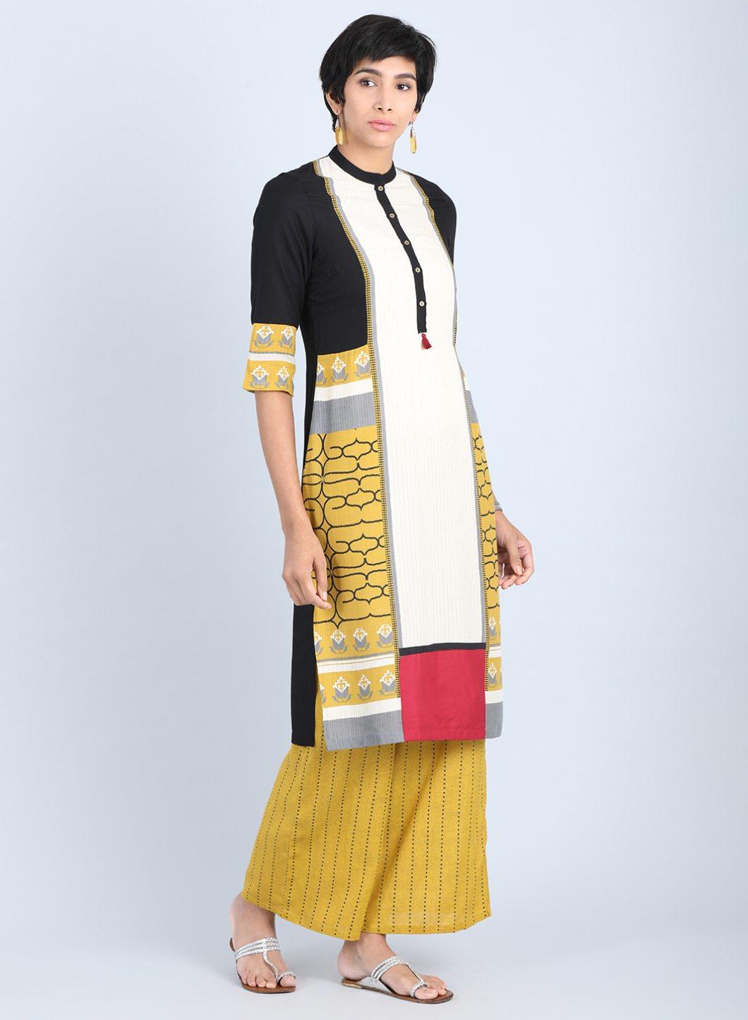 W for Woman Off White & Yellow Mandarin Neck Straight kurta