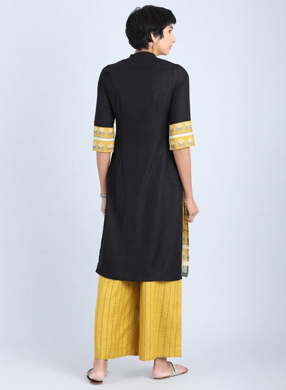 W for Woman Off White & Yellow Mandarin Neck Straight kurta