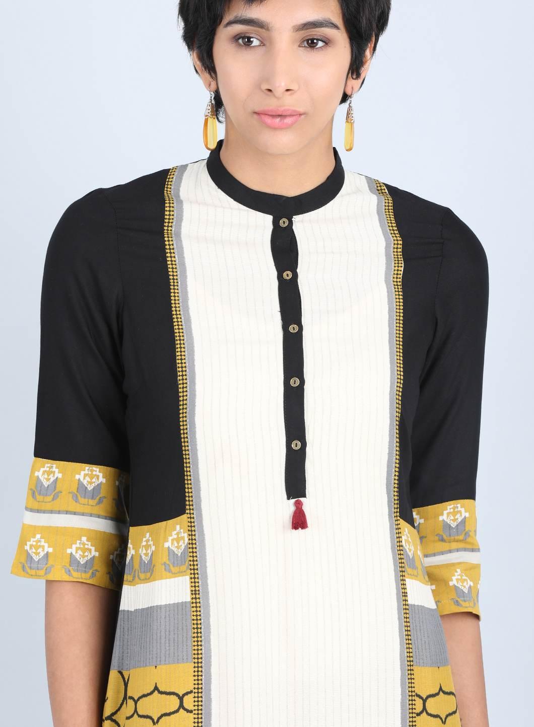 W for Woman Off White & Yellow Mandarin Neck Straight kurta