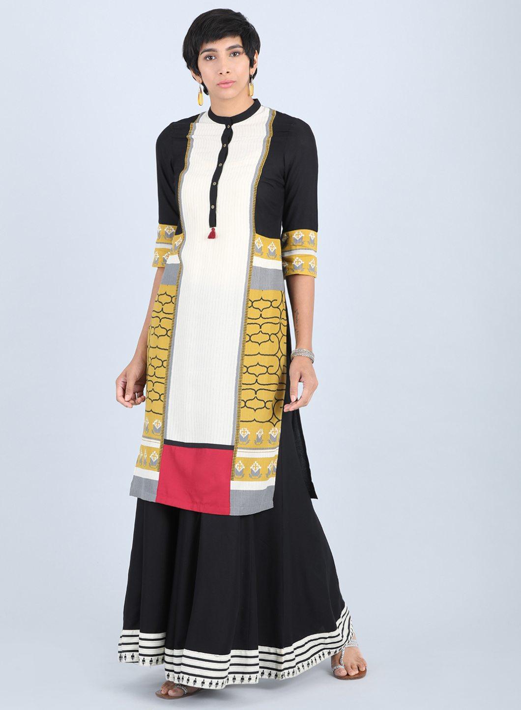 W for Woman Off White & Yellow Mandarin Neck Straight kurta