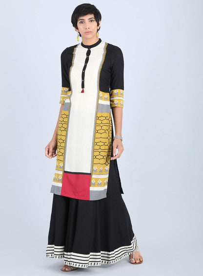 W for Woman Off White & Yellow Mandarin Neck Straight kurta