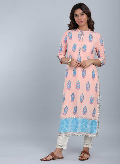 W for Woman Peach Mandarin Neck Printed kurta