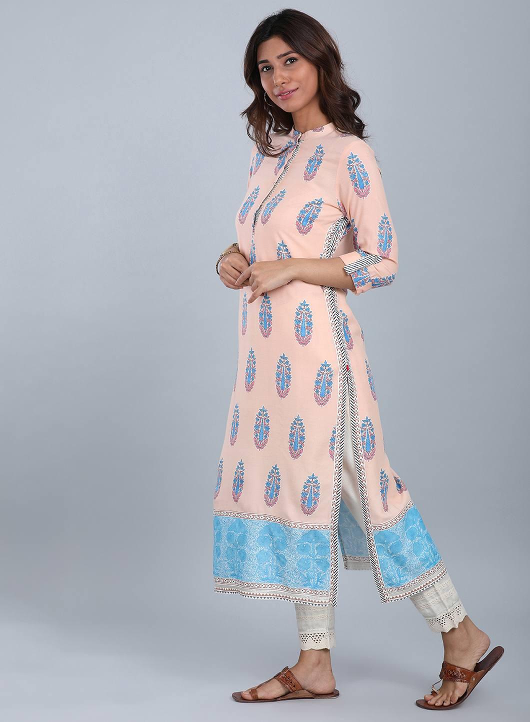 W for Woman Peach Mandarin Neck Printed kurta