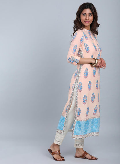 W for Woman Peach Mandarin Neck Printed kurta