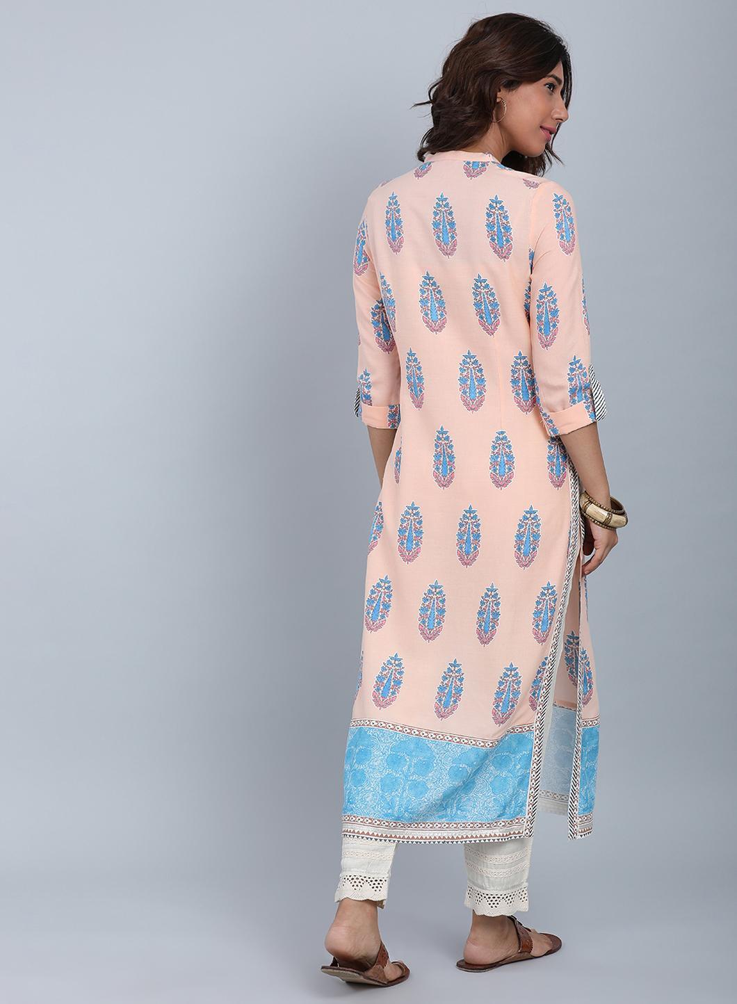 W for Woman Peach Mandarin Neck Printed kurta
