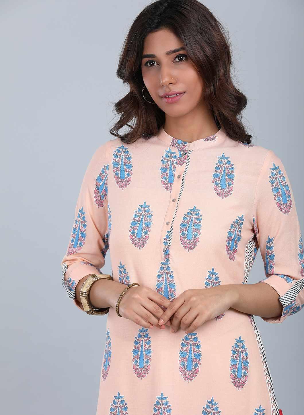 W for Woman Peach Mandarin Neck Printed kurta