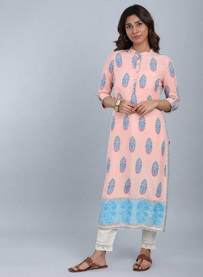 W for Woman Peach Mandarin Neck Printed kurta