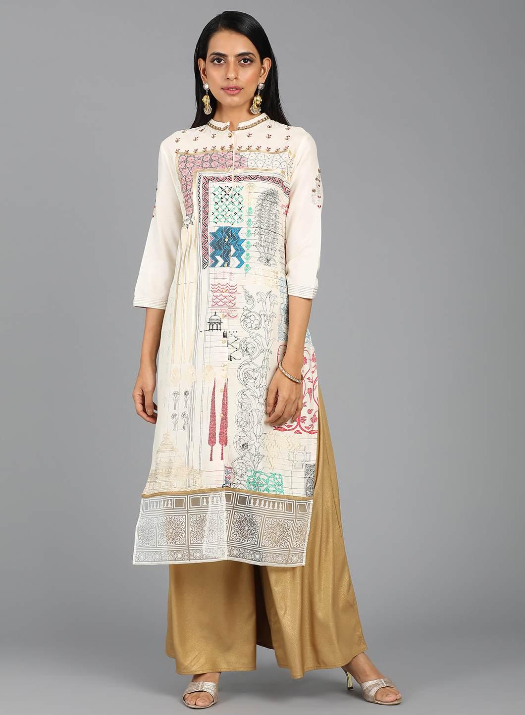 W for Woman Ecru Mandarin Neck Printed kurta