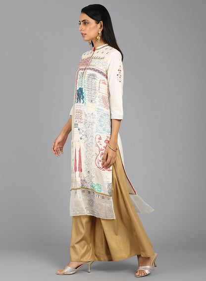 W for Woman Ecru Mandarin Neck Printed kurta