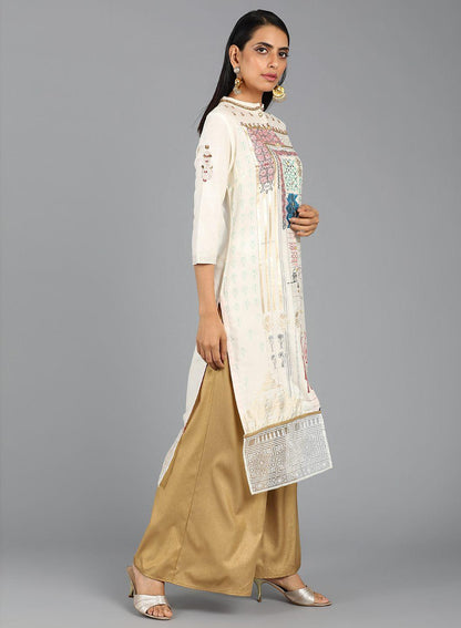 W for Woman Ecru Mandarin Neck Printed kurta