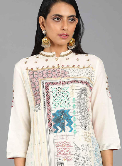 W for Woman Ecru Mandarin Neck Printed kurta