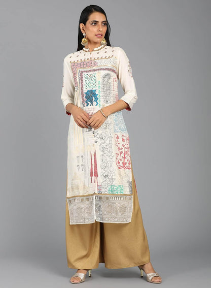 W for Woman Ecru Mandarin Neck Printed kurta