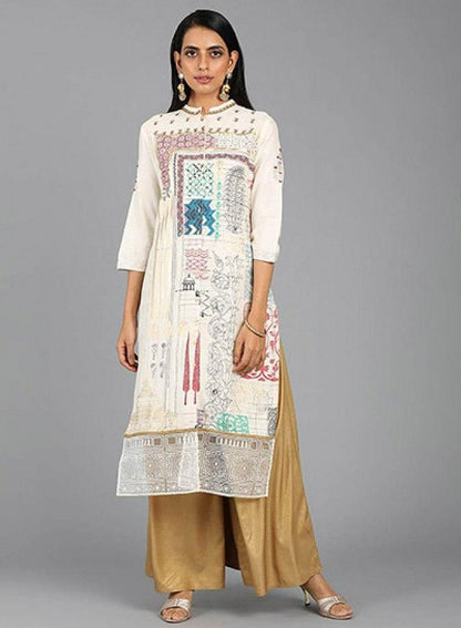 W for Woman Ecru Mandarin Neck Printed kurta