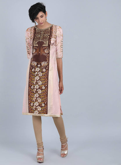 W for Woman Peach Round Neck Printed kurta