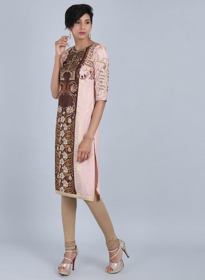 W for Woman Peach Round Neck Printed kurta
