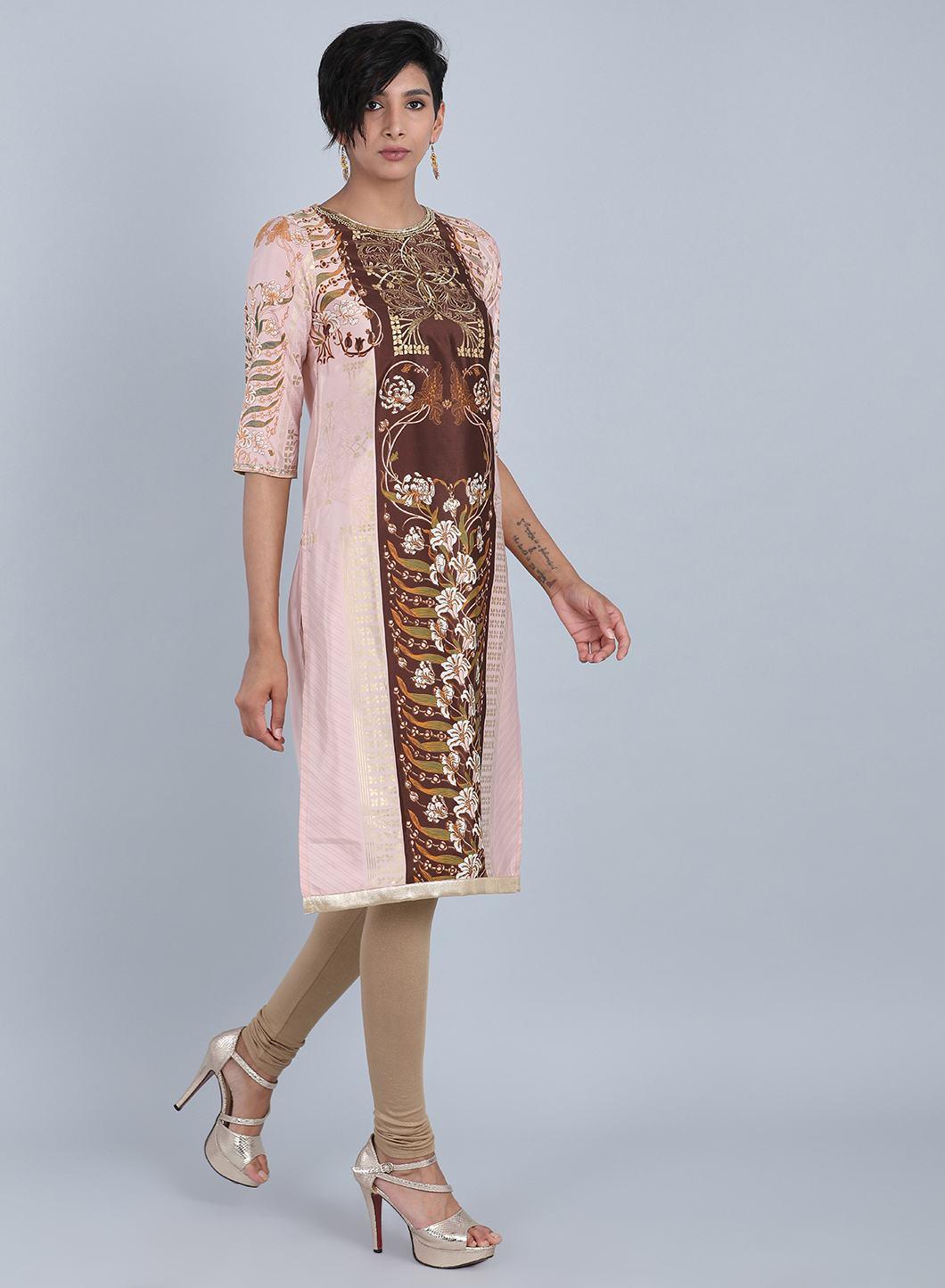 W for Woman Peach Round Neck Printed kurta
