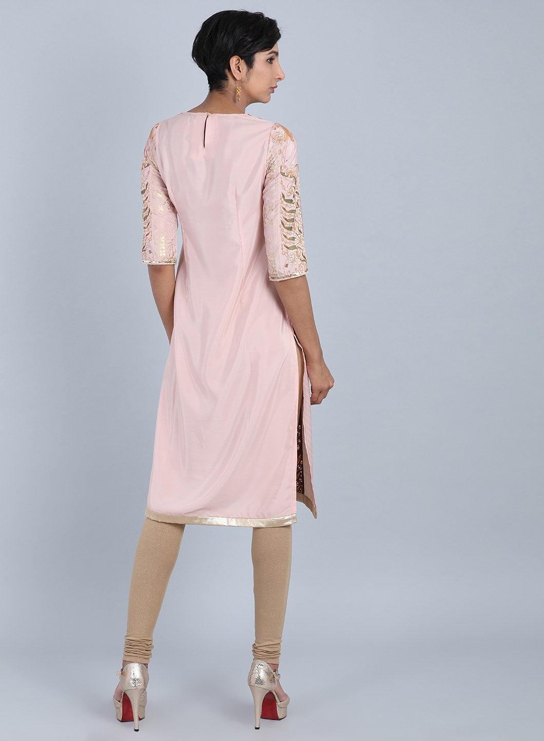 W for Woman Peach Round Neck Printed kurta