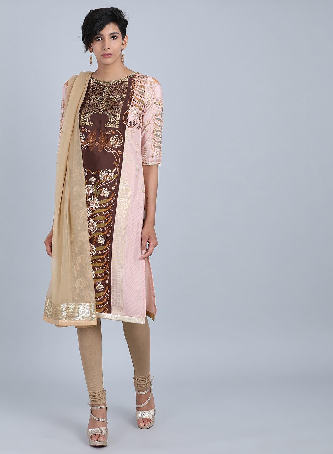 W for Woman Peach Round Neck Printed kurta