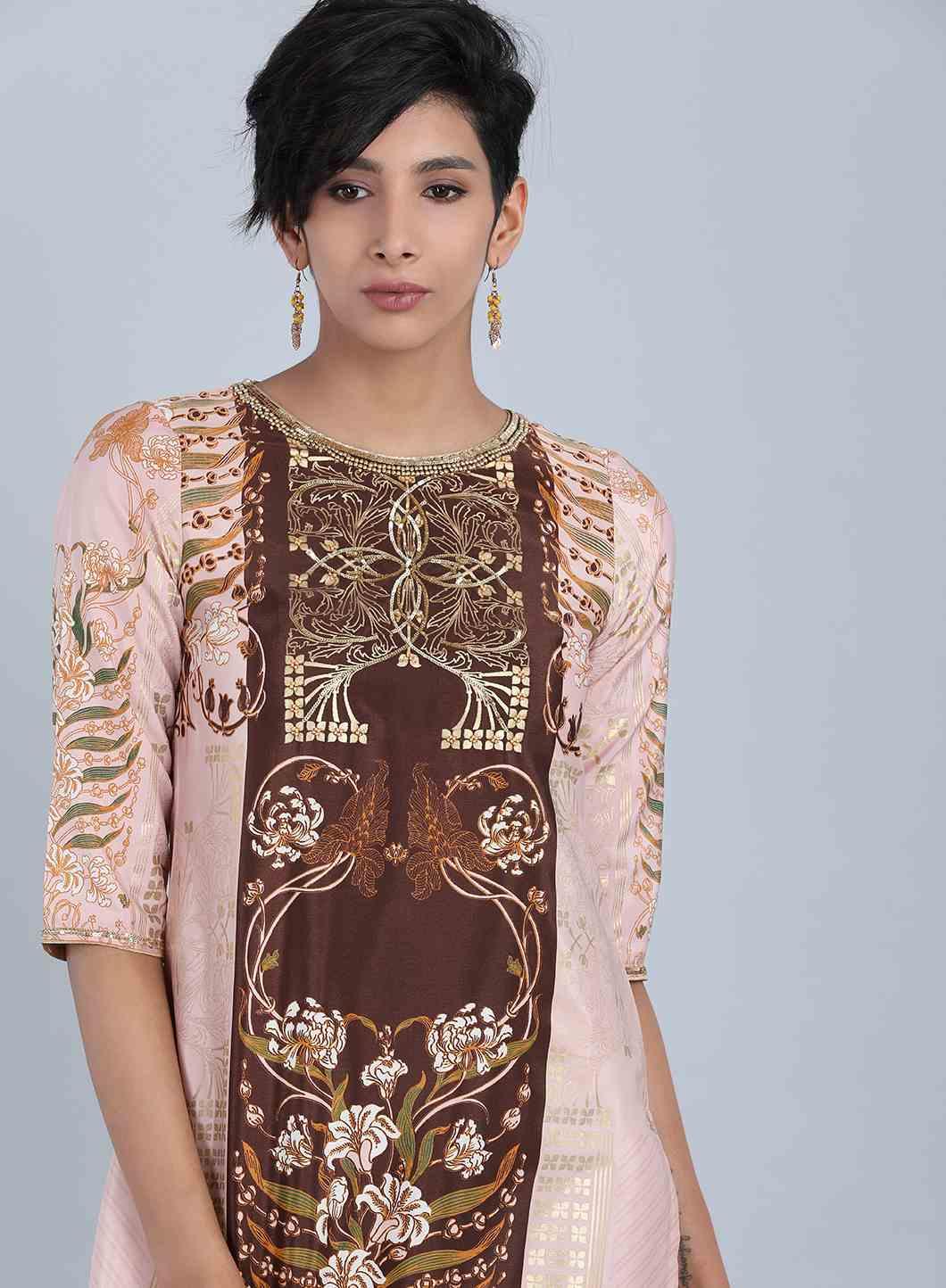 W for Woman Peach Round Neck Printed kurta