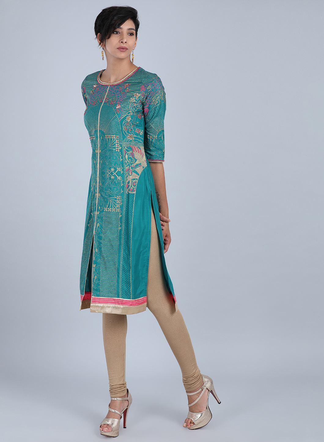 W for Woman Green Round Neck Printed kurta